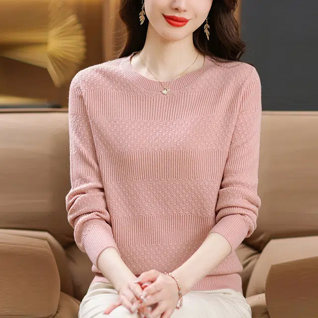 恒源祥 简约时尚百搭显瘦圆领纯色长袖针织衫 女款