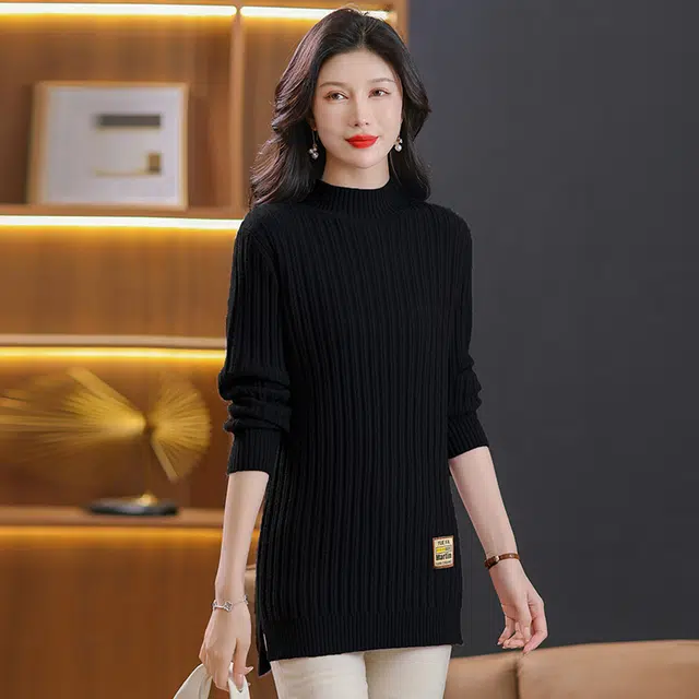 恒源祥 修身显瘦半高领纯色质感中长款长袖针织衫 女款