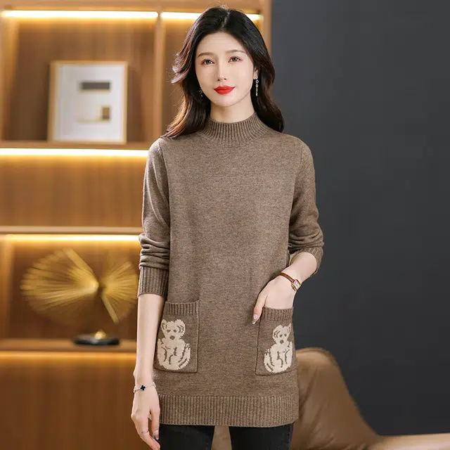 恒源祥 气质简约纯色印花半高领中长款长袖针织衫 女款