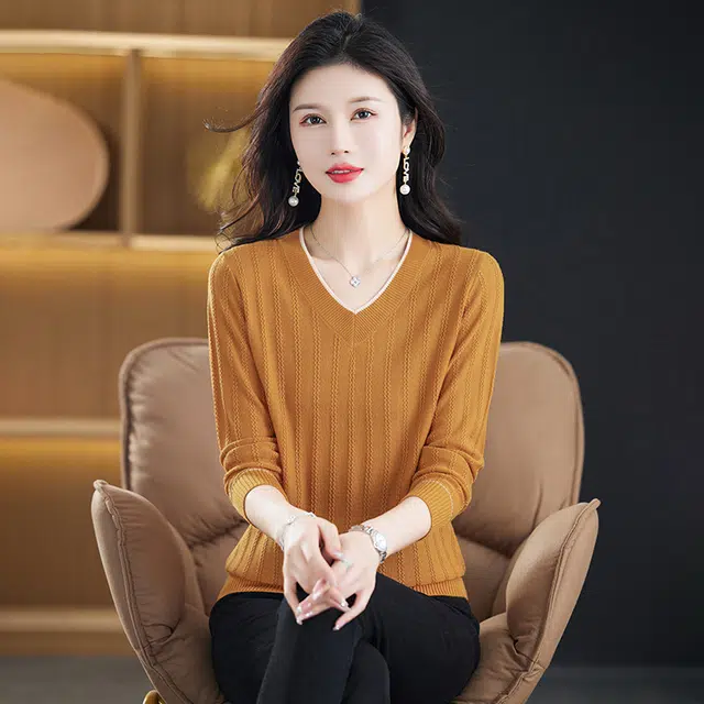 恒源祥 质感纹路纯色休闲简约百搭套头长袖打底针织衫 女款