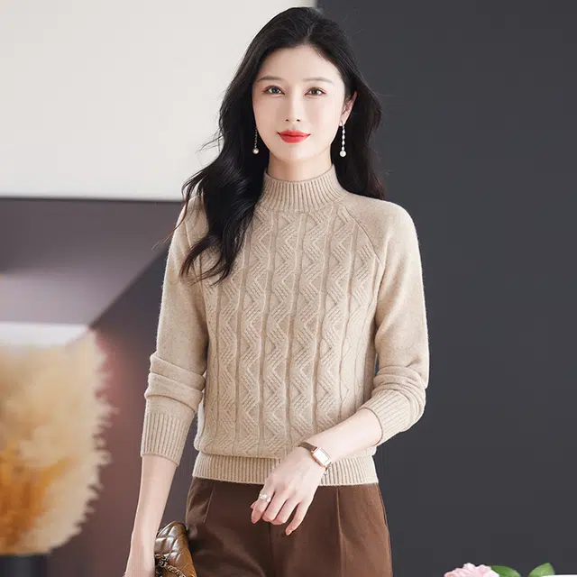 恒源祥 休闲简约气质时尚半高领纯色波浪纹路长袖针织衫 女款