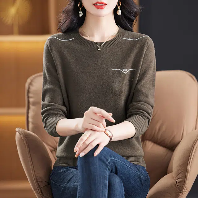 恒源祥 气质时尚百搭减龄圆领纯色套头长袖羊毛针织衫 女款