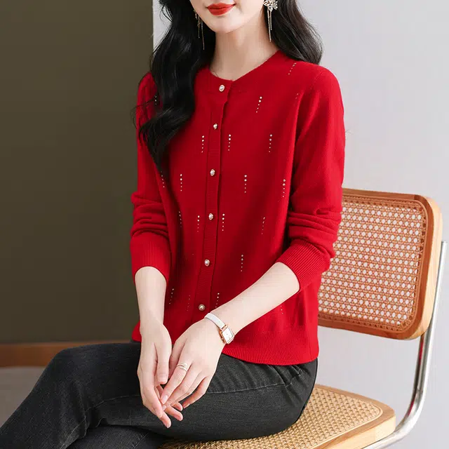 恒源祥 时尚简约百搭圆领烫钻点缀开衫羊毛针织衫 女款