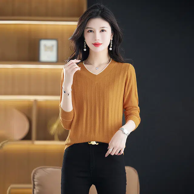 恒源祥 质感纹路纯色休闲简约百搭套头长袖打底针织衫 女款