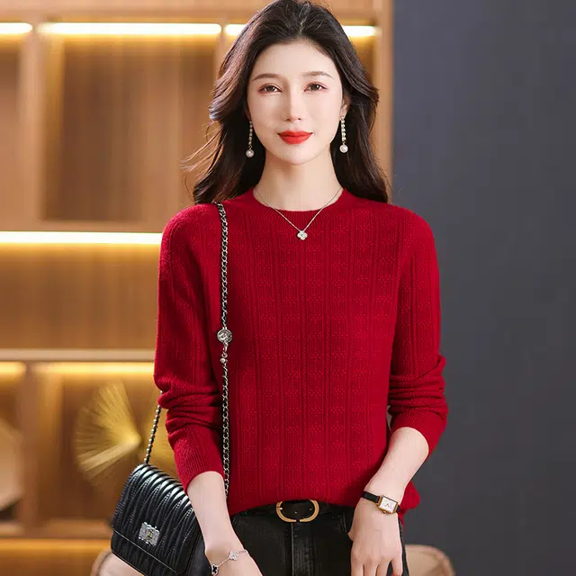 恒源祥 圆领合身纯色长袖针织衫 女款