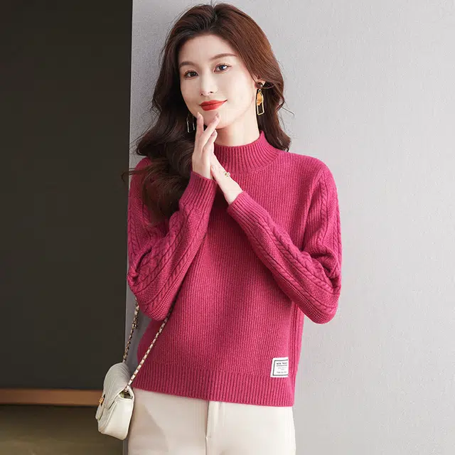 恒源祥 舒适柔软百搭经典纯色套头半高领长袖针织衫 女款