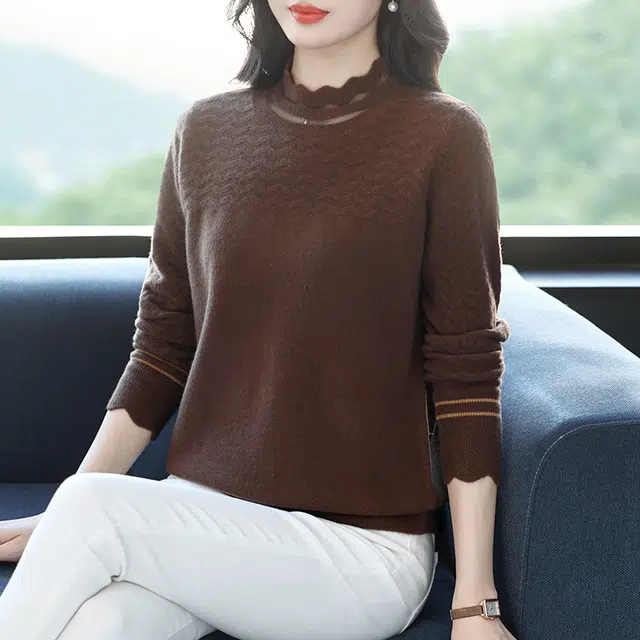 恒源祥 气质百搭显瘦纯色花边半高领羊毛打底针织衫 女款