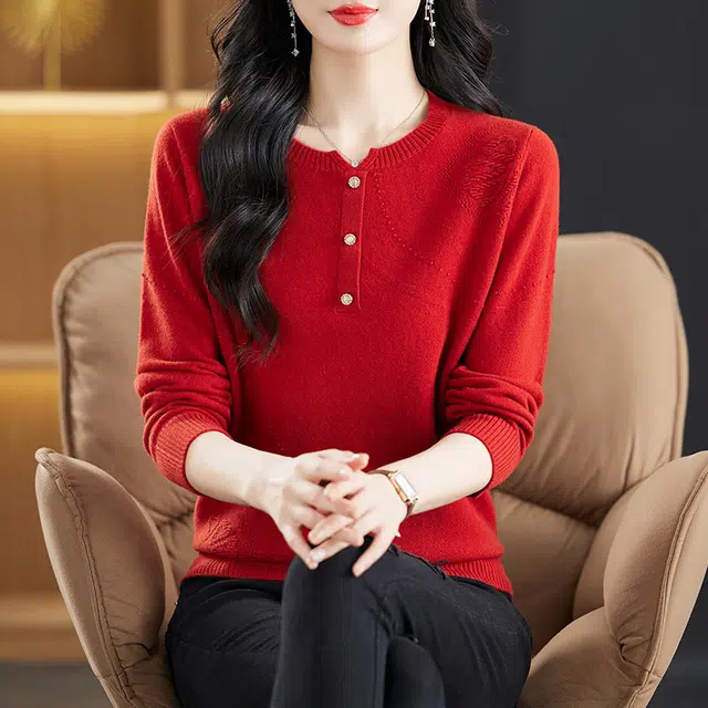 恒源祥 纯色休闲简约百搭减龄圆领羊毛长袖打底针织衫 女款