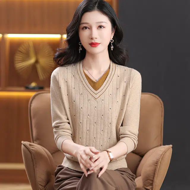 恒源祥 质感纹路百搭宽松显瘦纯色套头长袖打底针织衫 女款
