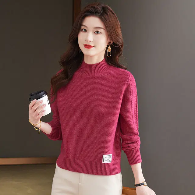 恒源祥 舒适柔软百搭经典纯色套头半高领长袖针织衫 女款