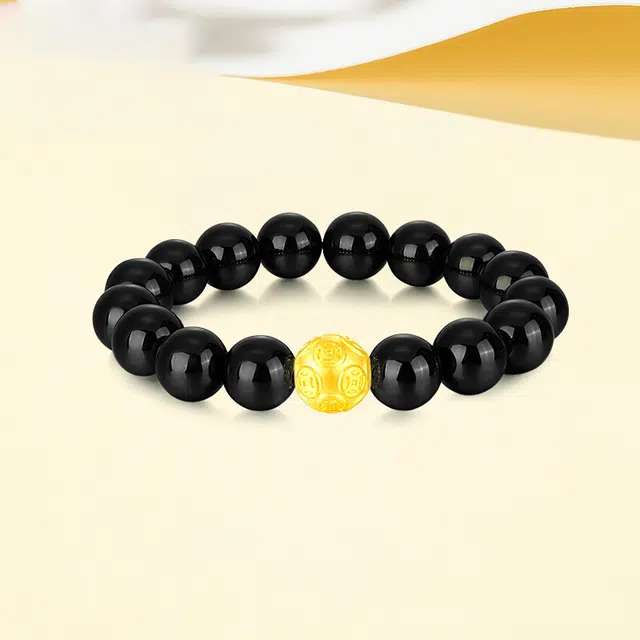 第一福 发财珠金钱转运珠#好运 黄金足金 按克计价 黑曜石手串 男款