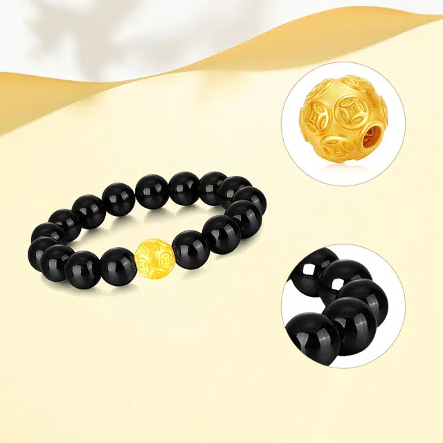 第一福 发财珠金钱转运珠#好运 黄金足金 按克计价 黑曜石手串 男款
