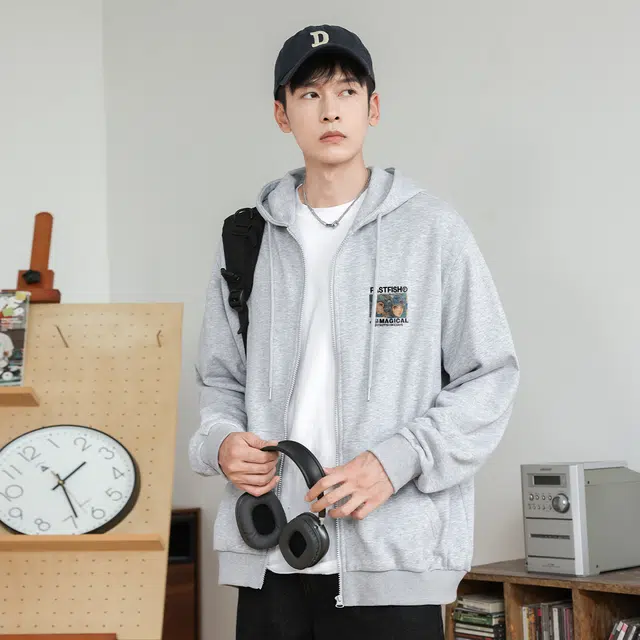 快鱼 美式复古简约基础款创意字母印花青少年时尚连帽卫衣 男女同款