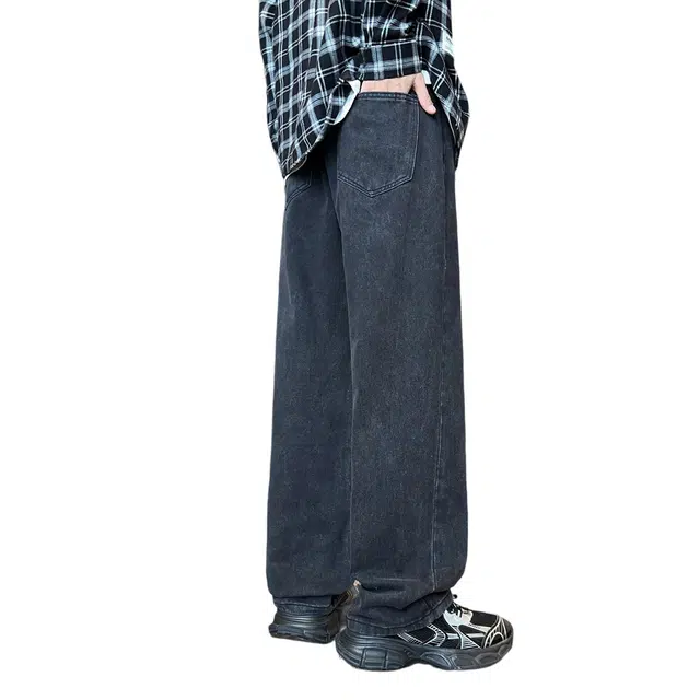 快鱼 潮牌直筒百搭休闲宽松美式复古水洗阔腿简约抗皱时尚加绒加厚舒适保暖牛仔裤 男女同款