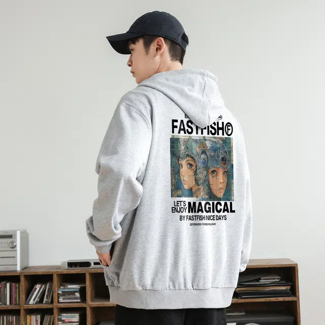 快鱼 美式复古简约基础款创意字母印花青少年时尚连帽卫衣 男女同款