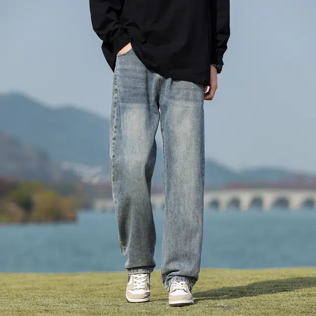 快鱼 美式复古水洗宽松舒适阔腿简约透气抗皱百搭休闲时尚直筒牛仔裤 男女同款