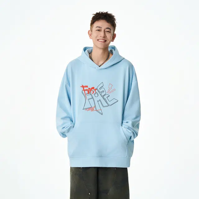 快鱼 美式时尚字母创意印花图案宽松运动长袖外套休闲百搭少年感连帽卫衣 男女同款