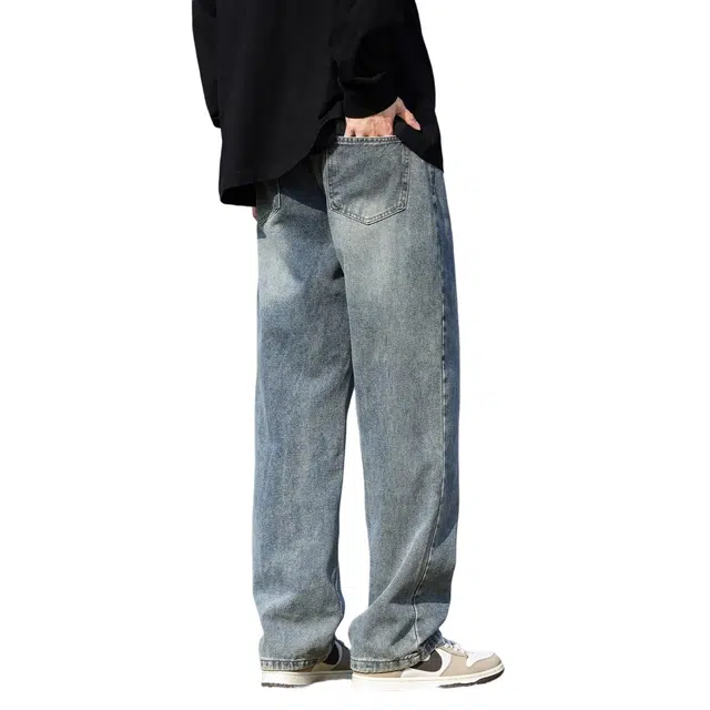 快鱼 美式复古水洗宽松舒适阔腿简约透气抗皱百搭休闲时尚直筒牛仔裤 男女同款