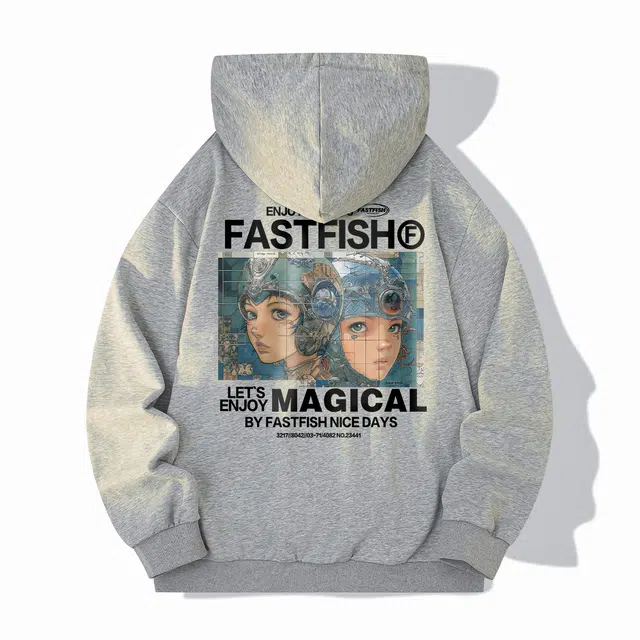 快鱼 美式复古简约基础款创意字母印花青少年时尚连帽卫衣 男女同款