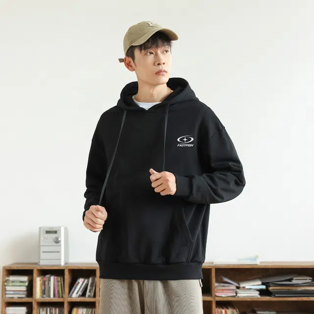 快鱼 日系学院风百搭重磅个性印花经典连帽卫衣 男女同款 冰川蓝