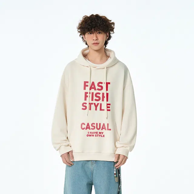 快鱼 美式休闲百搭宽松时尚高级感纯色字母印花简约运动连帽卫衣 男女同款