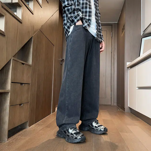 快鱼 潮牌直筒百搭休闲宽松美式复古水洗阔腿简约抗皱时尚加绒加厚舒适保暖牛仔裤 男女同款