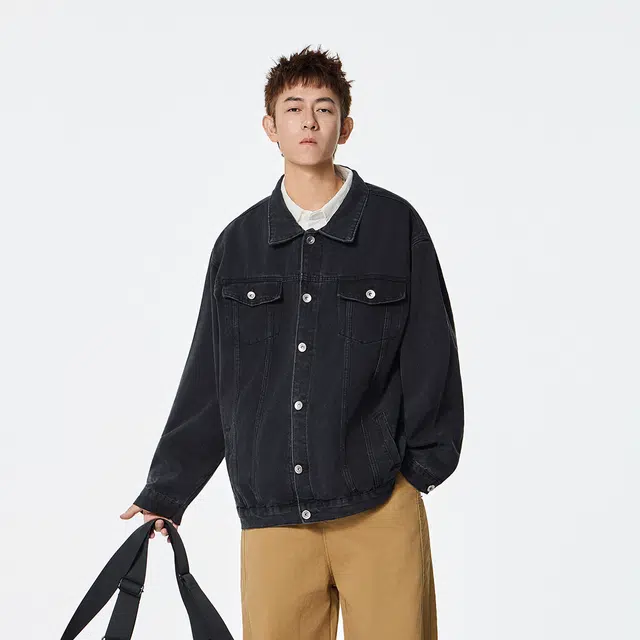 快鱼 美式复古街头风水洗做旧翻领单排扣休闲夹克宽松大口袋设计时尚慵懒百搭高街工装牛仔外套 男女同款