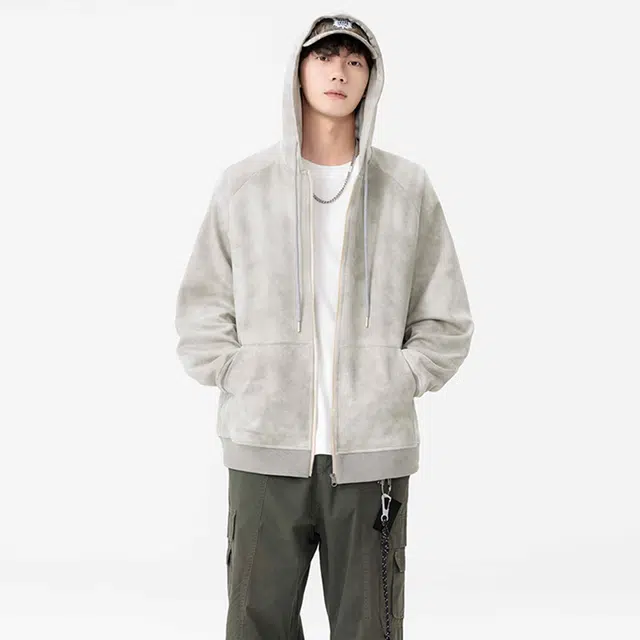 快鱼 美式街头基础麂皮绒经典百搭无性别主义纯色多巴胺色系宽松休闲创意拉链设计开衫长袖卫衣 男女同款