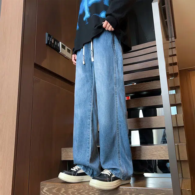 快鱼 潮牌宽松直筒抗皱时尚休闲百搭复古阔腿弹力简约天丝牛仔裤 男女同款