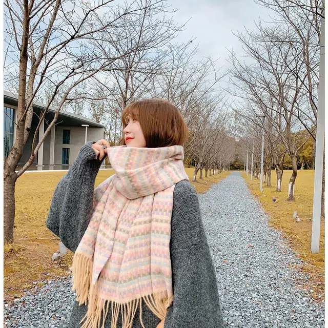 木林森 小众设计感冬季可爱加厚针织保暖格子 绒线围巾 男女同款情侣款