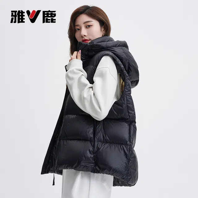 雅鹿  加厚黑金鹅绒纯色可脱卸帽  羽绒马甲  男女同款