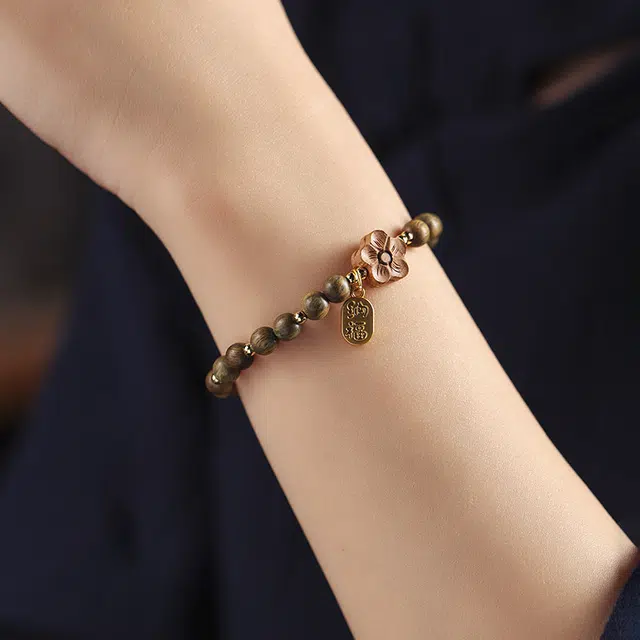 京华录 新中式正桃花文玩佛珠 古风招财福牌流苏串珠 本命年转运 复古森系禅意念珠 平安守护 合金 木作手串 男女同款情侣款 绿檀