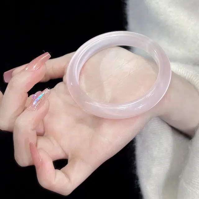 京华录 天然桃花粉玉镯 新中式芙蓉粉 甜美粉嫩蜜桃冻爱情转运恋爱磁场 小众显白百搭可爱通勤风#好运 玻璃猫眼 手镯 女款