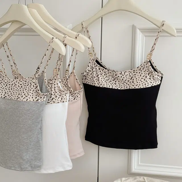 草本初色 性感辣妹时尚修身豹纹拼接吊带内搭美背显瘦带胸垫打底外穿背心 女款