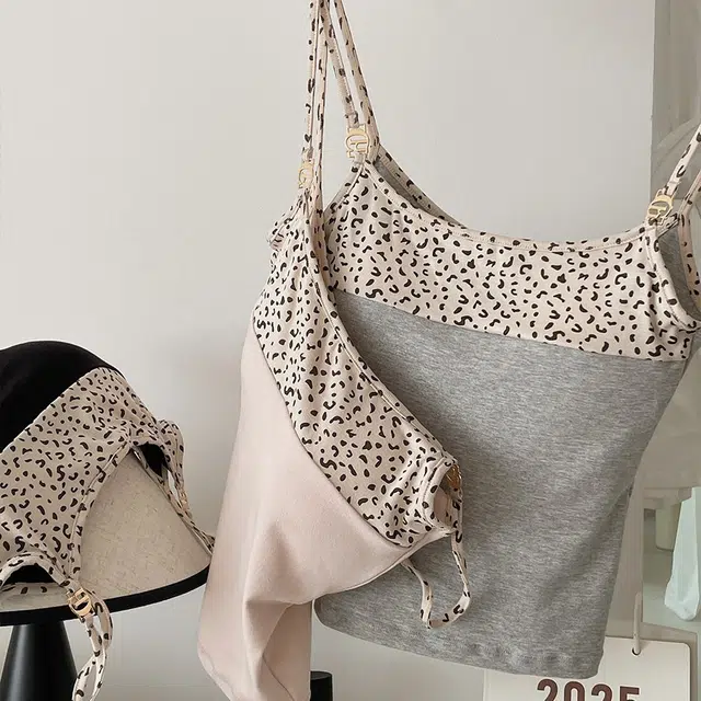 草本初色 性感辣妹时尚修身豹纹拼接吊带内搭美背显瘦带胸垫打底外穿背心 女款