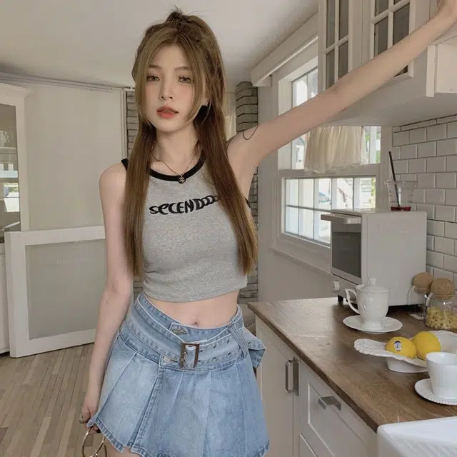 草本初色 美式蓝色针织吊带女辣妹工字运动遮副乳短款百搭时髦遮肉舒适无袖外穿显瘦背心 女款