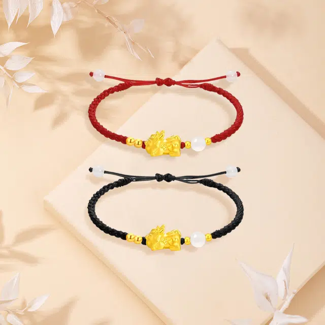 中国珠宝 貔貅宝宝 国潮复古新中式招财貔貅福运满满时尚百搭手工编绳 上岸转运珠好运 足金 一口价 黄金手链 男女同款情侣款