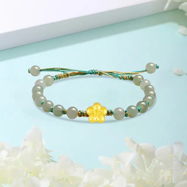 中国珠宝 桃花串珠链 新中式桃你喜欢精美花卉设计甜美小清新手工编织绳素雅大气氛围感 好运 足金 一口价 黄金手链 女款