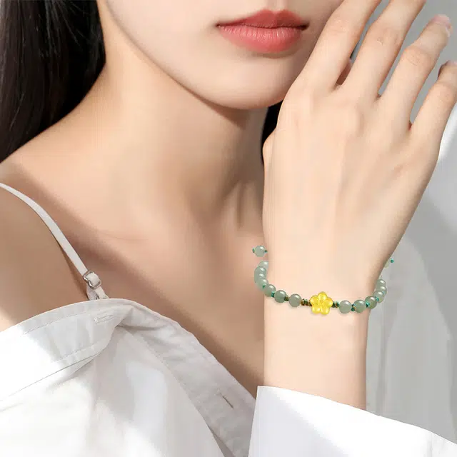 中国珠宝 桃花串珠链 新中式桃你喜欢精美花卉设计甜美小清新手工编织绳素雅大气氛围感 好运 足金 一口价 黄金手链 女款