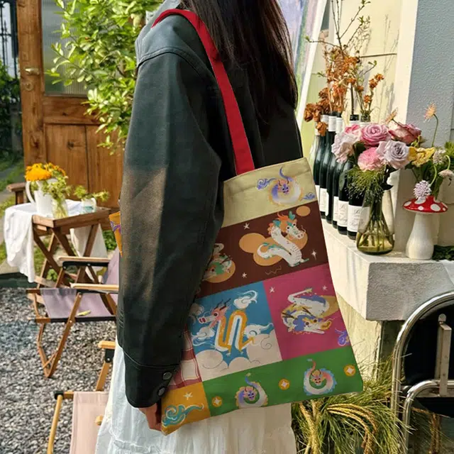 奥松 文创袋加厚设计感布袋通勤生肖龙 帆布 单肩包 男女同款情侣款 九宫龙经典袋