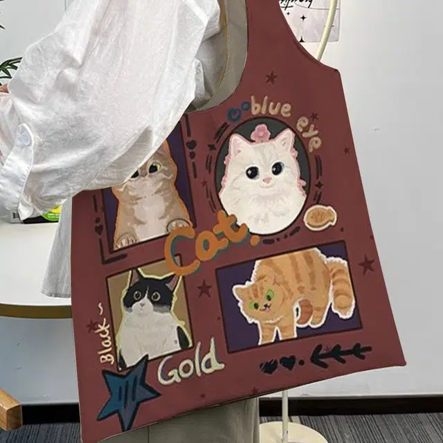 奥松 可爱猫猫通勤高级感百搭文创 绒面科技布 单肩包 女款 棕色