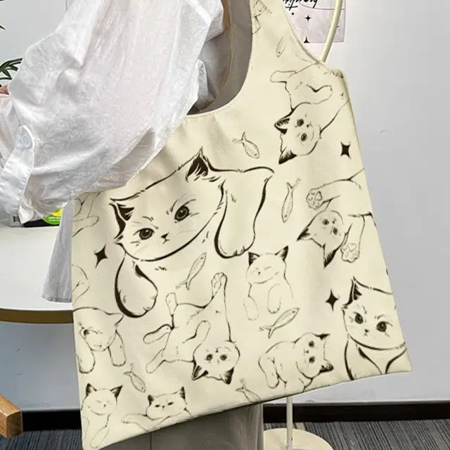 奥松 线条小猫通勤秋冬上班出游 绒面科技布 单肩包 男女同款情侣款 白色