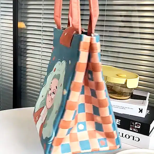 奥松 家用家居饭盒袋通勤上班族保温袋便携便当包日系可爱高颜值 绒面科技布 手提包 男女同款情侣款 蓝色拼橙色