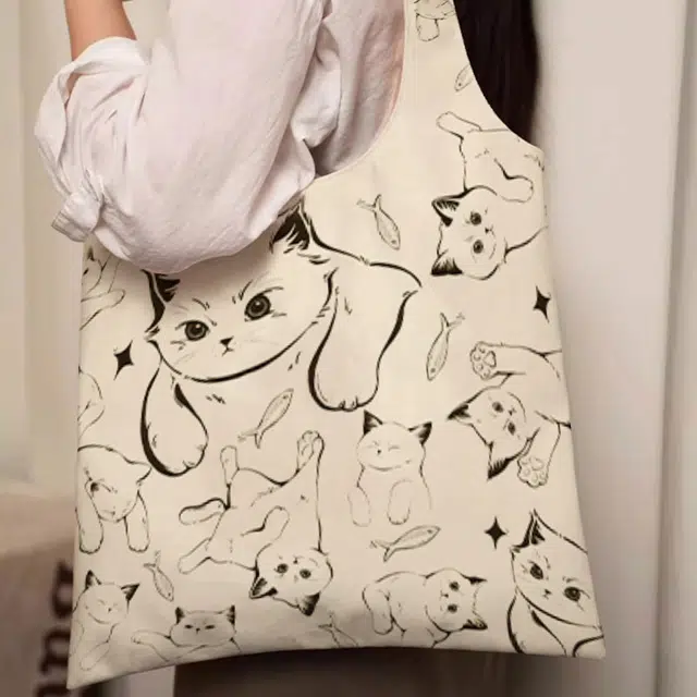 奥松 线条小猫通勤秋冬上班出游 绒面科技布 单肩包 男女同款情侣款 白色