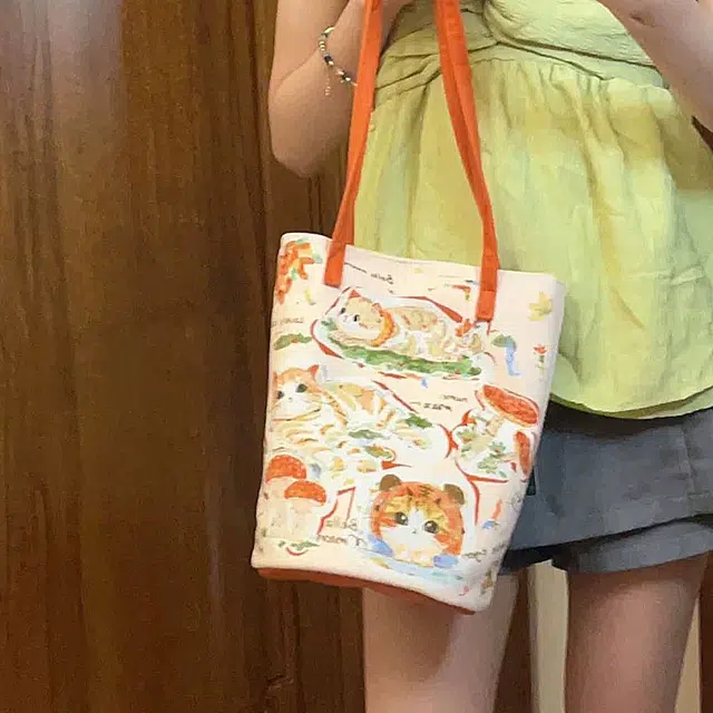 奥松 简约上班文艺百搭可爱 绒面科技布 水桶包单肩包 女款 橘猫