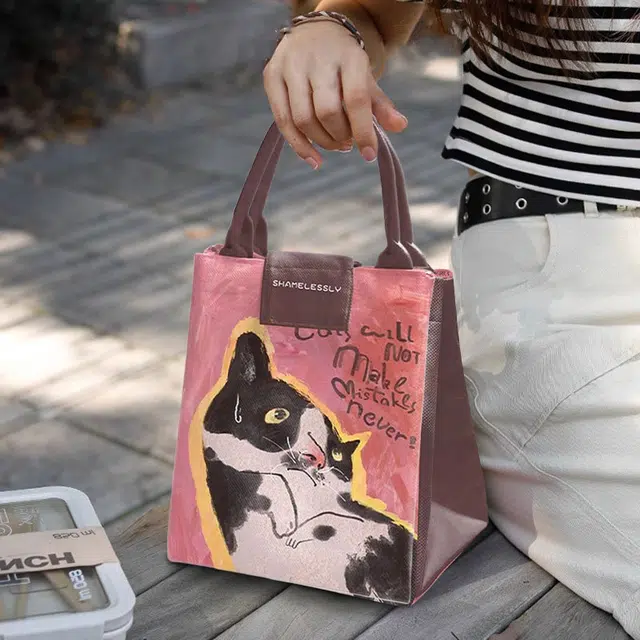 奥松 小众可爱图案设计休闲日常时尚百搭 绒面科技布 手提包 大号 女款 赖赖猫