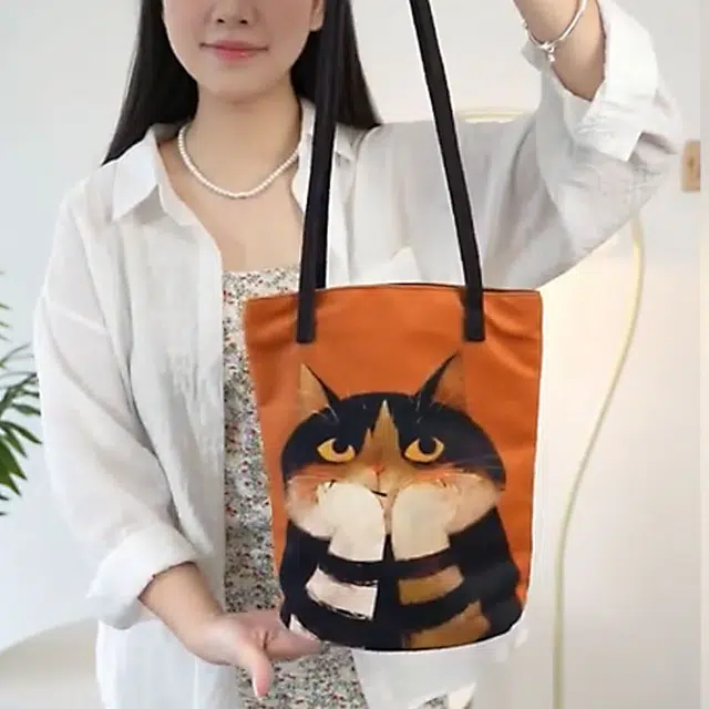 奥松 家用家居沉思黑猫 绒面科技布 单肩包 男女同款情侣款 黑色/橙色