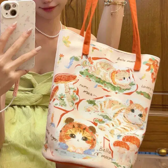奥松 简约上班文艺百搭可爱 绒面科技布 水桶包单肩包 女款 橘猫