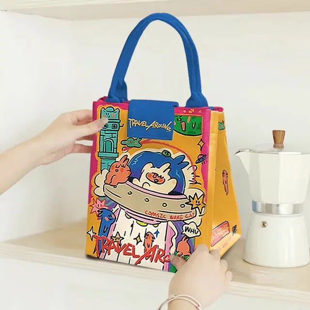 奥松 家用家居宇宙波猫猫饭盒袋保温日式布餐包便携上班族便当包 帆布 帆布包手提包 男女同款情侣款