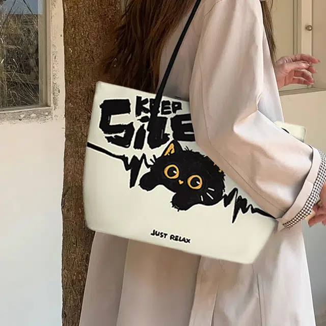 奥松 小众图案设计休闲简约时尚百搭 绒面科技布 手提单肩包 常规 女款 黑白色
